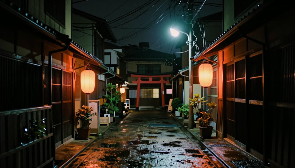 提灯と街灯に照らされた、雨上がりの昭和の路地裏
