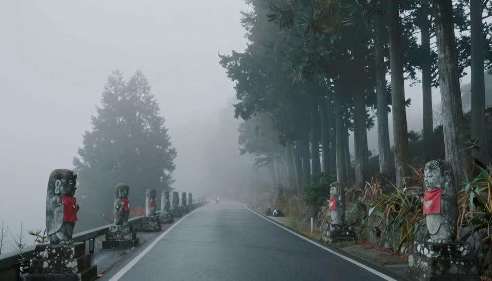 霧の中へ続く山道と、道ばたに並ぶお地蔵さま