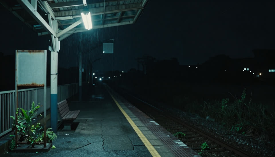 雨の夜、蛍光灯がひとつだけ灯る無人駅のホーム